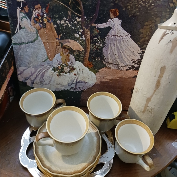 80's Mikasa WHOLE WHEAT Cream Center Brown Edge Stoneware Cups&Saucers Set 4. - Picture 7 of 16